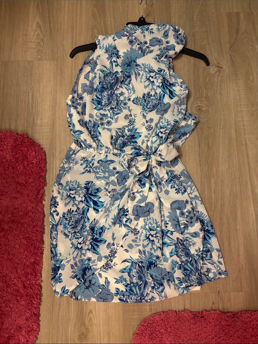 Women’s One-Shoulder Blue Floral Tie-Waist Dress